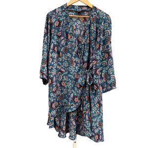 Torrid Womens Floral Wrap Tunic Blouse Size 2X Blue Pink Ruffle Hem